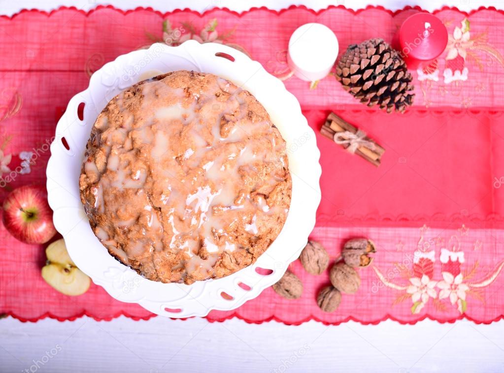 Fresh Christmas cake with apples and walnuts