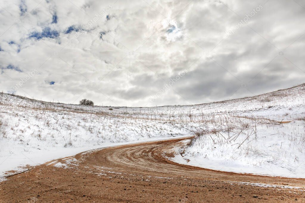 road and snow in the Golan Heights in Israel