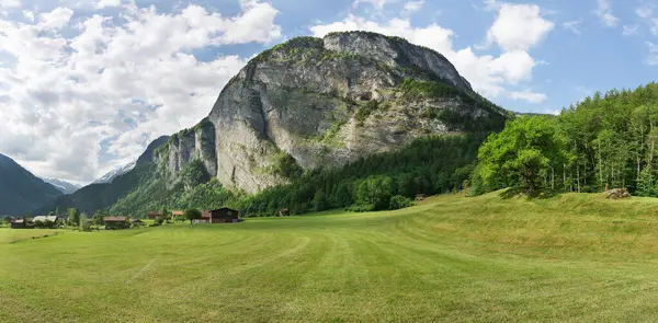 House on a green meadow in the background of mountains Switzerland