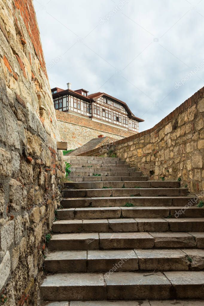 Stairs and fortress wall ruins at Kalemegdan fortress in Belgrade, Serbia