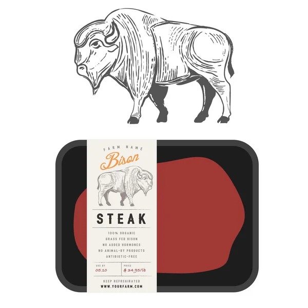 Vintage Bison Büffel Gravur Stil mit Muster Verpackung Design — Stockvektor