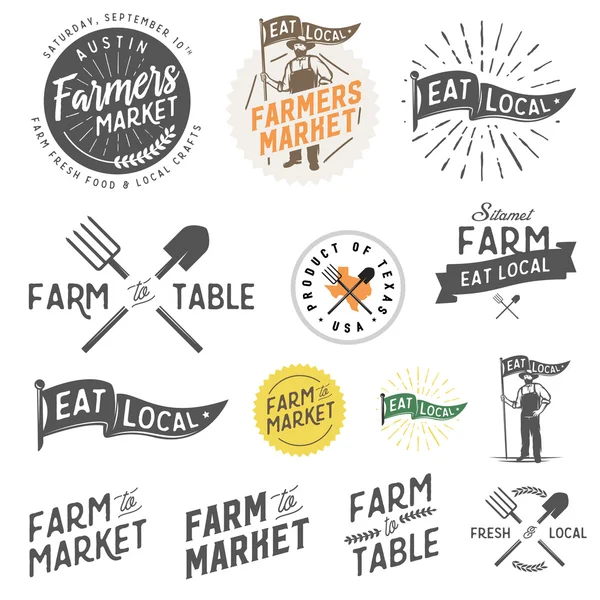 Etiketten, Abzeichen, Embleme und Designelemente für alte Bauern- und Bauernmärkte — Stockvektor