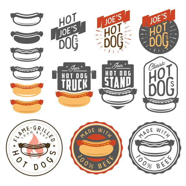 Set di loghi, etichette, distintivi, emblemi ed elementi di design vintage per hot dog — Vettoriale Stock