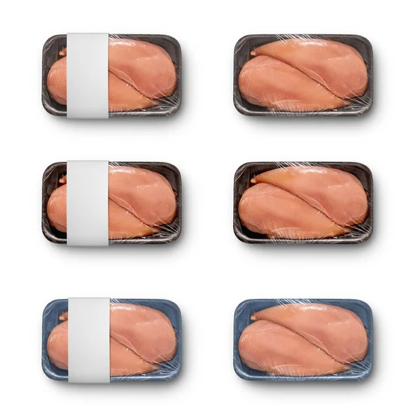 6 boîtes non ouvertes de 2 filets de poulet crus isolés sur fond blanc, différentes couleurs de boîte, avec et sans étiquette — Photo