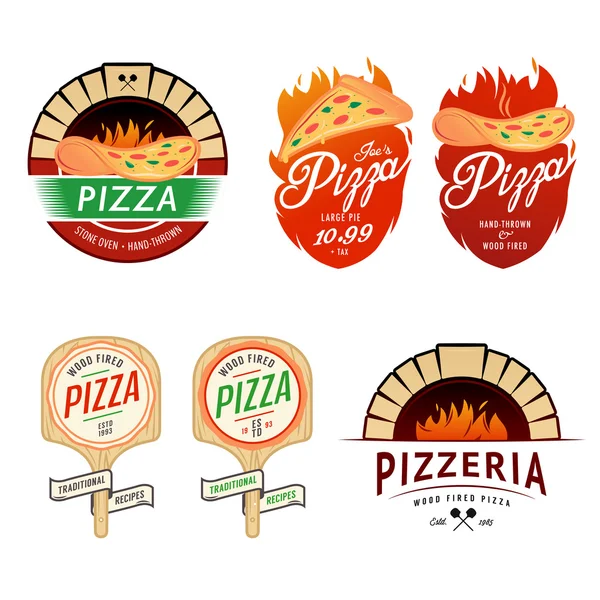 Étiquettes pizzeria vintage, badges, éléments de design — Image vectorielle