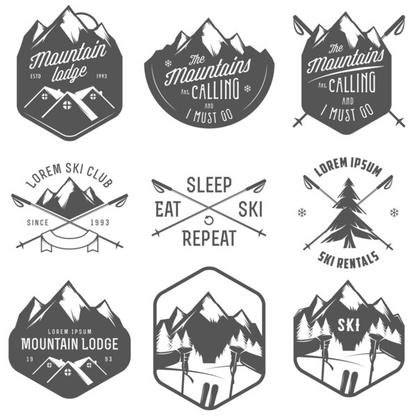 Set of vintage skiing labels and design elements