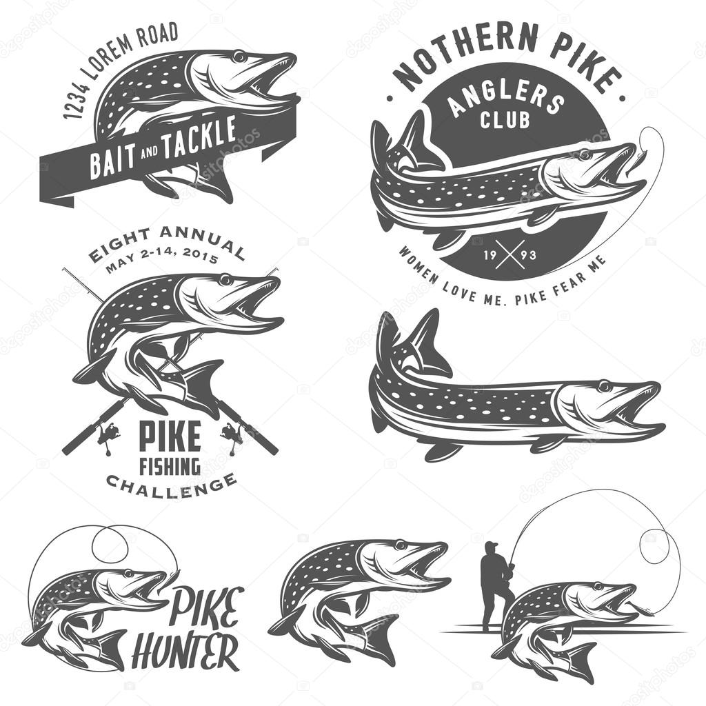 Vintage pike fishing emblems, labels and design elements