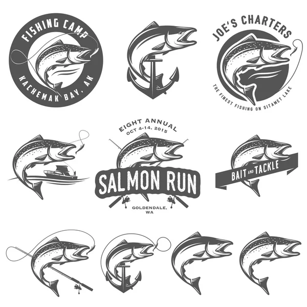 Emblemi vintage di pesca al salmone ed elementi di design — Vettoriale Stock