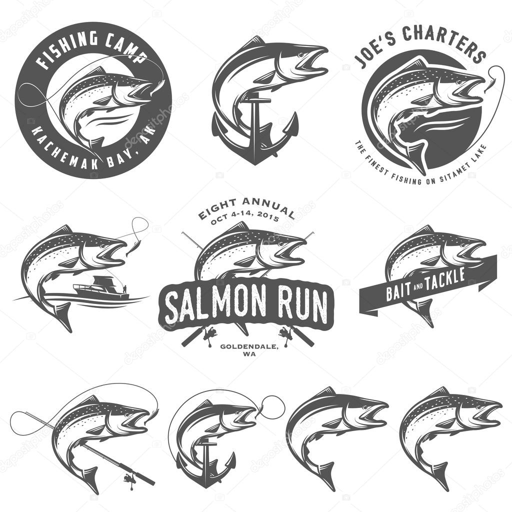 Vintage salmon fishing emblems and design elements