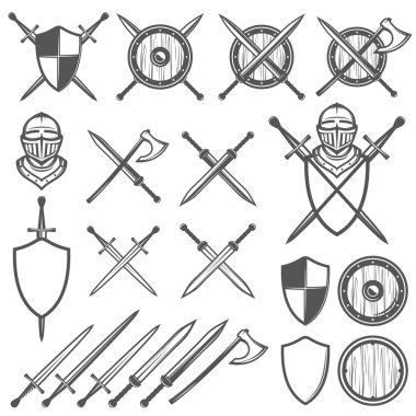 PrintSet of medieval swords, shields and design elements clipart