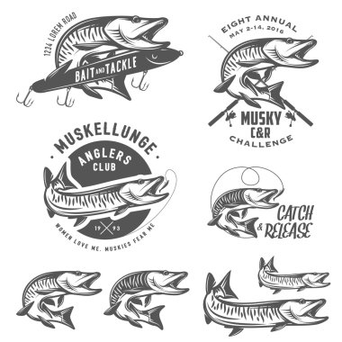 Set of muskellunge musky fishing design elements clipart