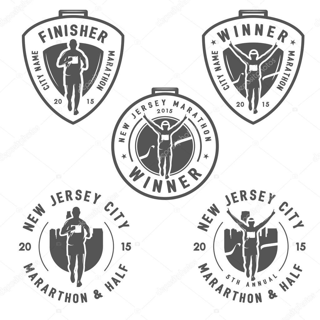 Set of vintage marathon labels, medals and design elements
