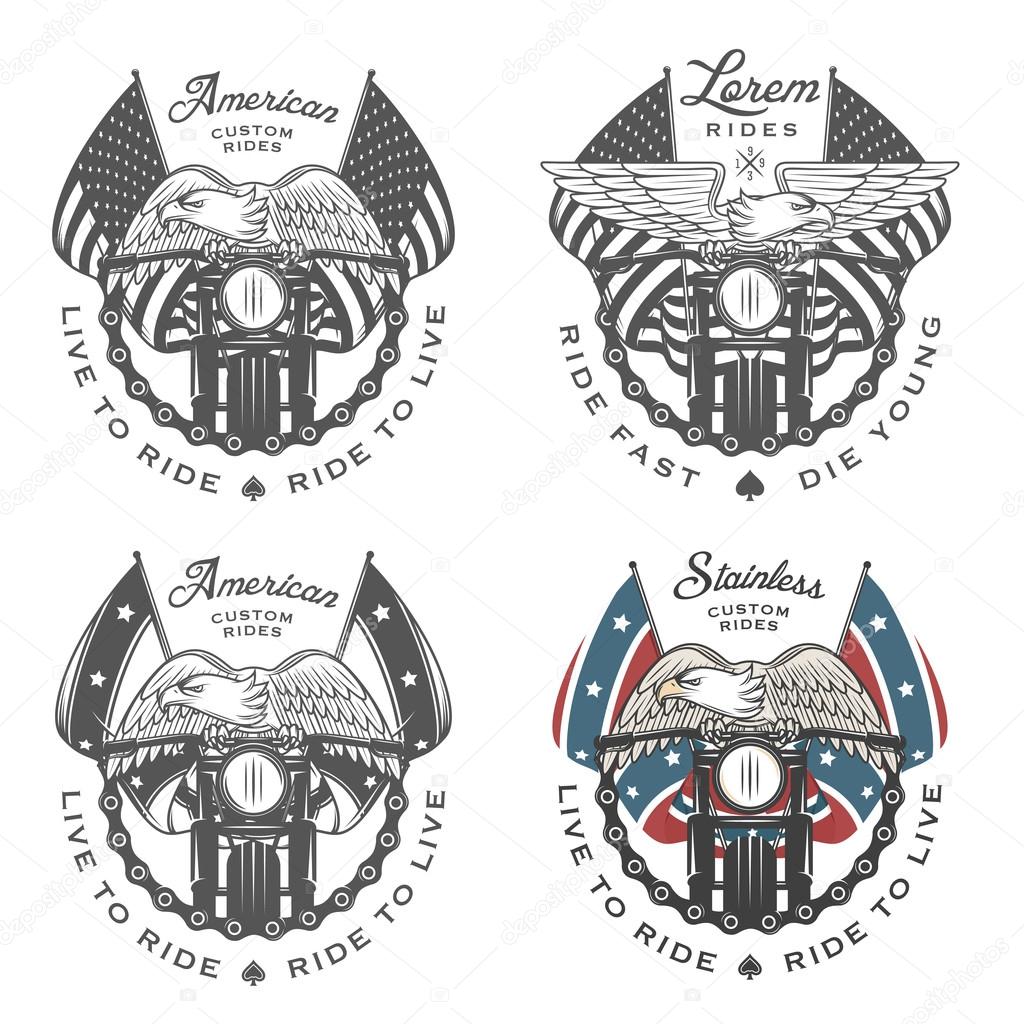 Set of vintage motorcycle emblems and design elements