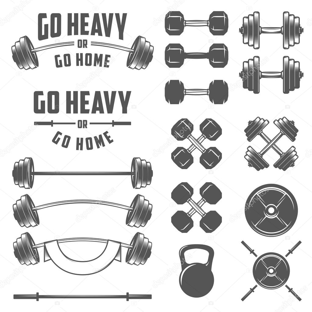 Set of vintage gym equipment, quotes and design elements