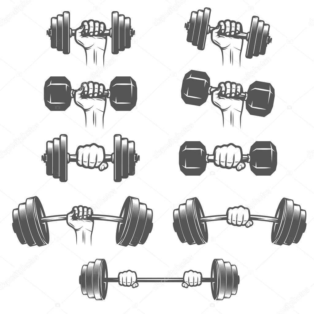 Set of vintage hands with dumbbells