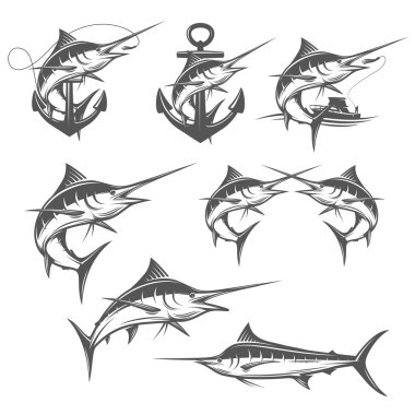 Set of marlin fishing emblems, badges and design elements clipart