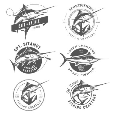 Set of marlin fishing emblems, badges and design elements clipart