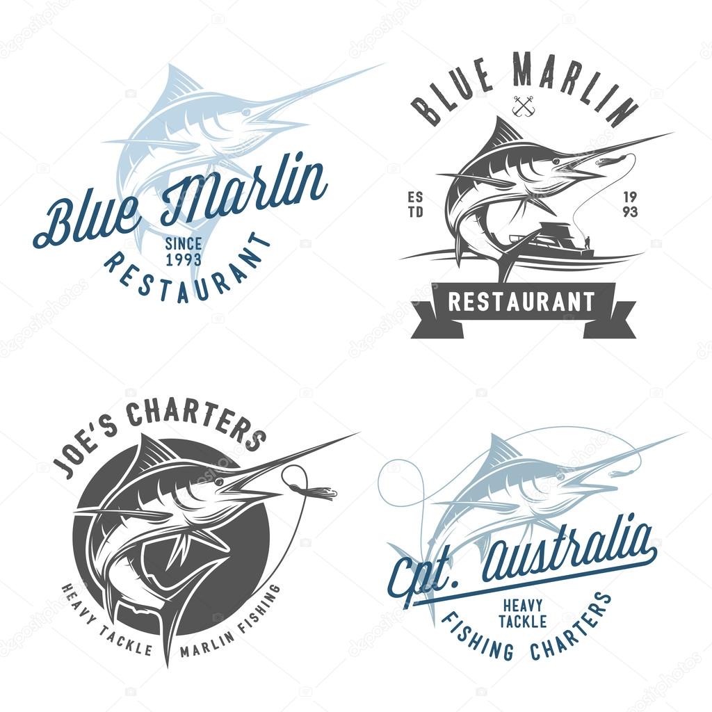 Set of marlin fishing emblems, badges and design elements