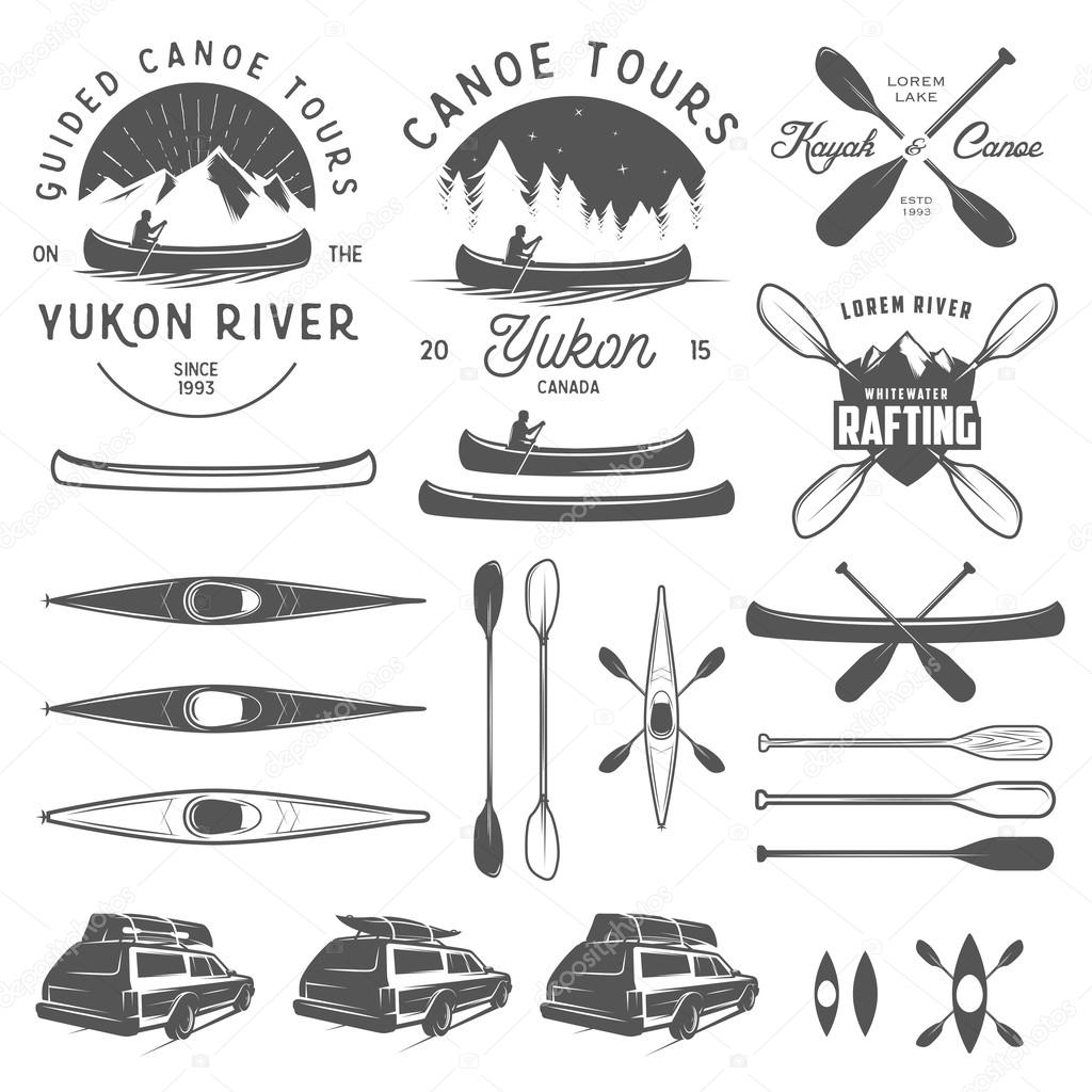 Set of kayak and canoe emblems, badges and design elements