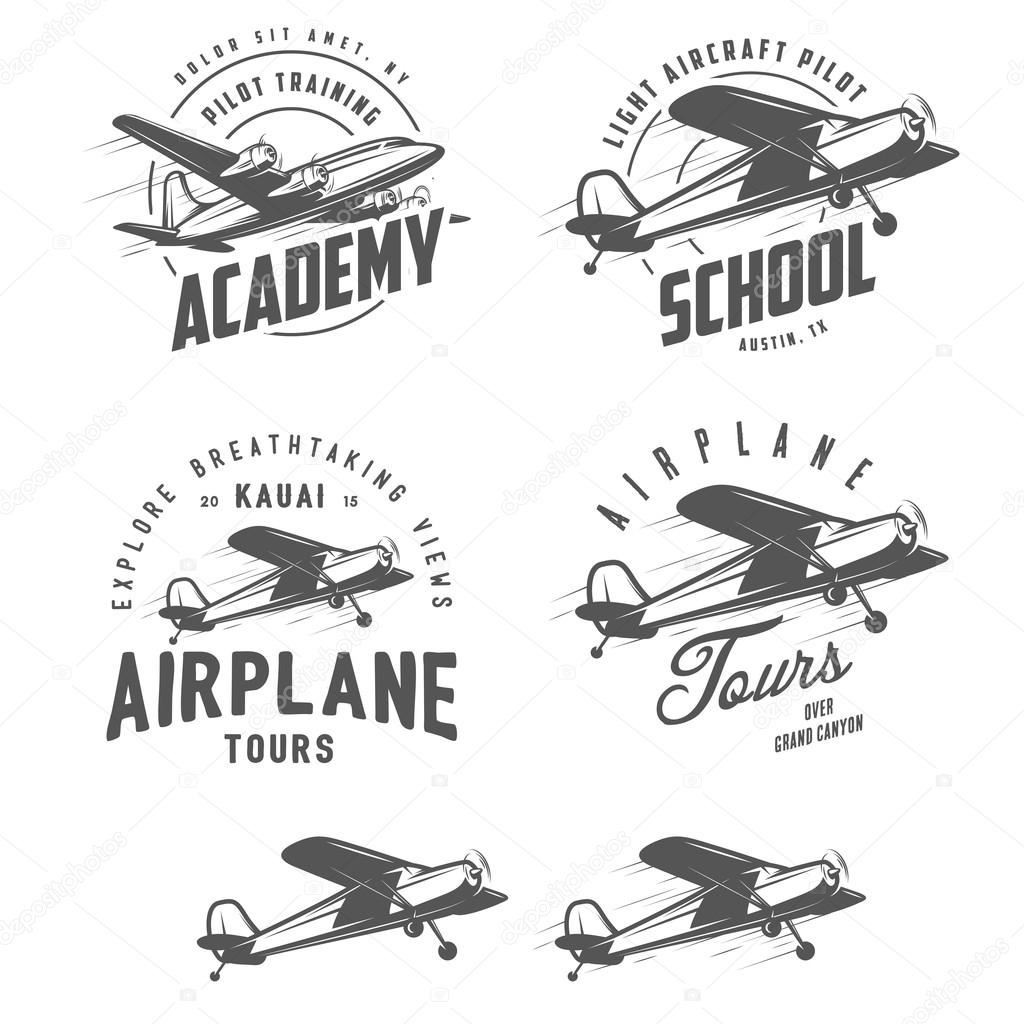 Light airplane related emblems, labels and design elements