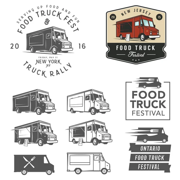 Conjunto de emblemas de festival de caminhão de comida, emblemas e elementos de design —  Vetores de Stock