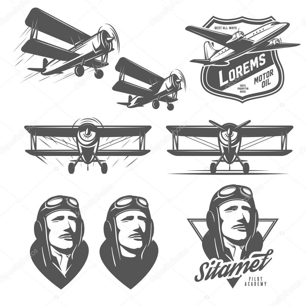 Set of vintage aircraft design elements. Biplanes, pilots, design emblems