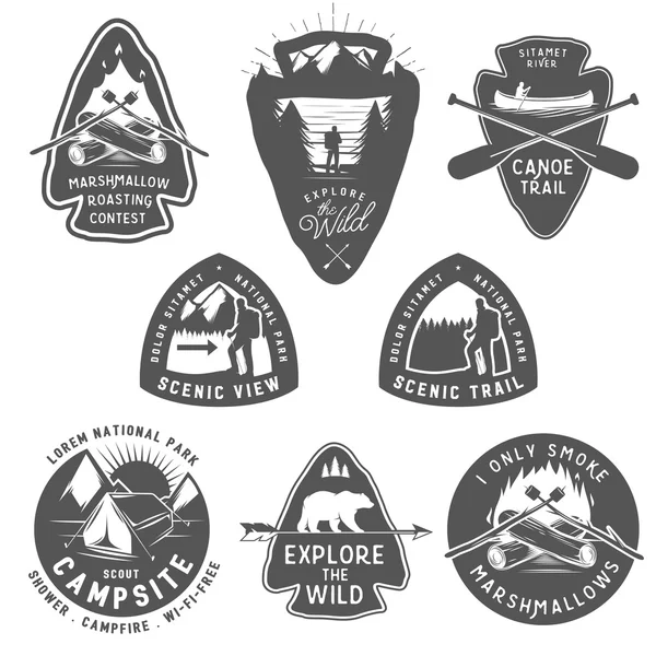 Étiquettes, badges, éléments de design vintage camping et randonnée — Image vectorielle