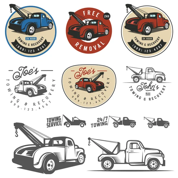 Eski model araba çekici kamyon Amblemler, etiket ve tasarım öğeleri — Stok Vektör