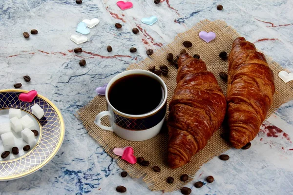 Fresh Croissants Cup Coffee Table Traditional French Breakfast — Stock Photo, Image