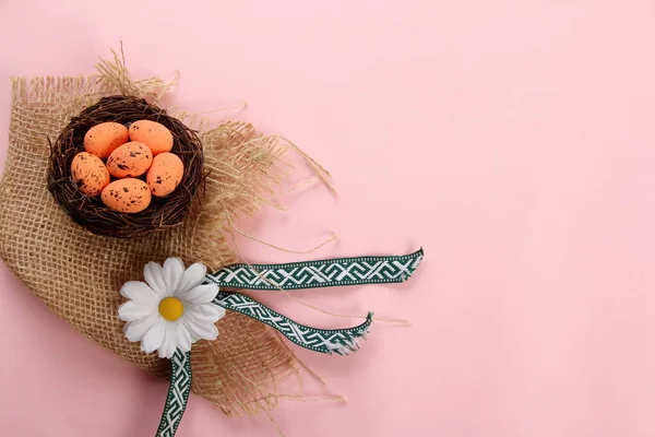 Bird Nests Eggs Colored Background Easter Concept Top View Selective — Stock Photo, Image