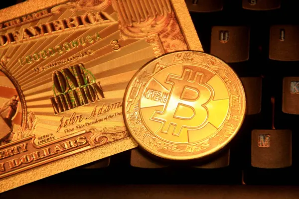 Bitcoin Souvenirmünzen Kryptowährung Bitcoin Konzeptbild Für Weltweite Kryptowährung Und Digitales — Stockfoto