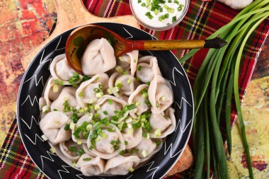 Pişmiş etli börek (Rus pelmeni) yeşil soğan ve ekşi krema tabakta, klasik arka plan