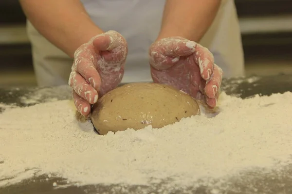 Woman Hands Kneading Bread Dough Making Dough Female Hands Wooden — Stock Photo, Image