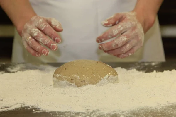 Woman Hands Kneading Bread Dough Making Dough Female Hands Wooden — Stock Photo, Image