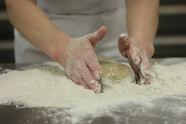 Woman Hands Kneading Bread Dough Making Dough Female Hands Wooden — Stock Photo, Image