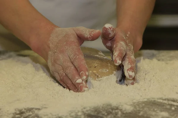 Woman Hands Kneading Bread Dough Making Dough Female Hands Wooden — Stock Photo, Image