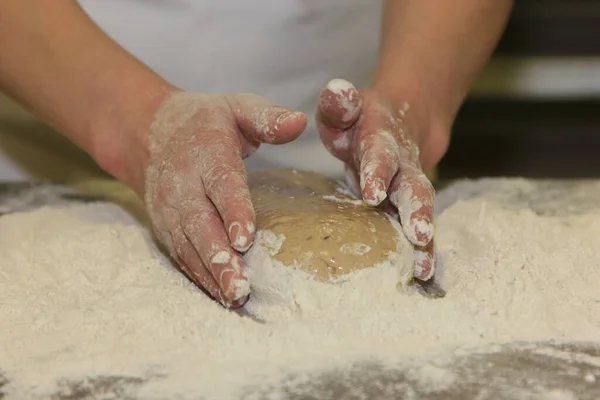 Woman Hands Kneading Bread Dough Making Dough Female Hands Wooden — Stock Photo, Image