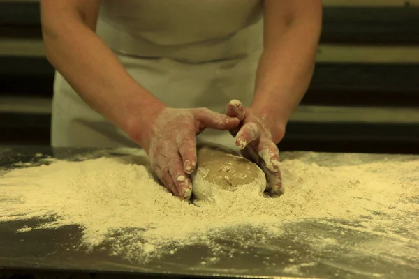 Woman Hands Kneading Bread Dough Making Dough Female Hands Wooden — Stock Photo, Image