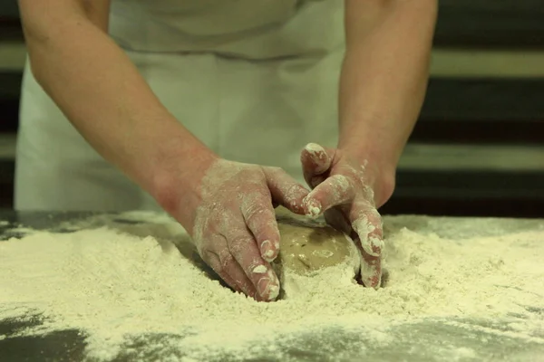 Woman Hands Kneading Bread Dough Making Dough Female Hands Wooden — Stock Photo, Image