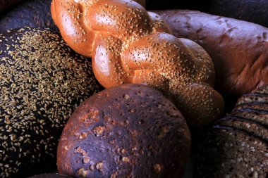 Değişik ekmek türleriyle yaşam: siyah, çavdar, beyaz ekmek, tohumlu ekmek. ekmek ve buğday kulakları. 