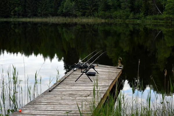 Nitaure Lettland Juni 2021 Stand Mit Karpfenruten Auf Der Fußgängerbrücke — Stockfoto