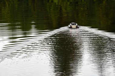 Nitaure, Letonya 5 Haziran 2021: Suyun üzerinde sazan yemi ile balık tutmak için GPS yemi teknesi