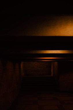 Kiremitlere sarı ışık saçan birkaç küçük lambayla aydınlatılan gölgeli bir karanlık tünel. Bir yeraltı yaya geçidi.