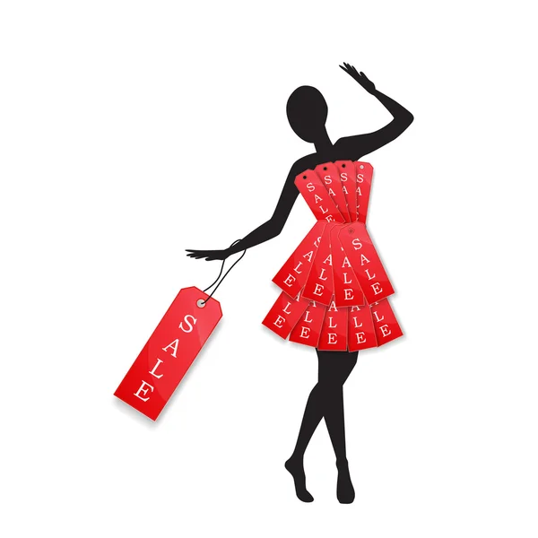 Detalhes de varejo anunciar uma VENDA com um formulário de vestido no manequim — Vetor de Stock