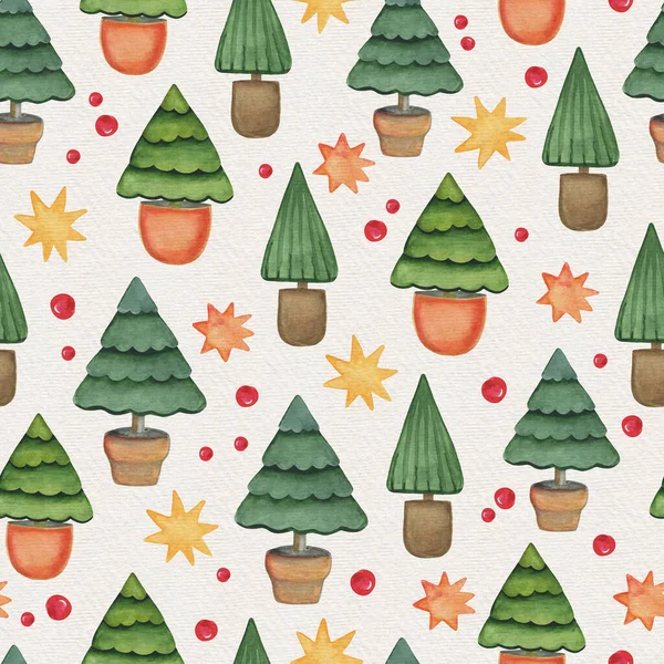 Watercolor Seamless Christmas Festive Pattern Pine Tree Stars — Stock Photo, Image