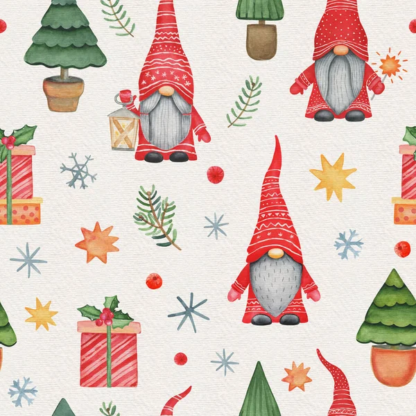 Christmas Watercolor Seamless Patterns Gnomes Gifts — Stock Photo, Image