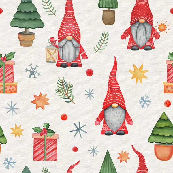 Aquarelle Noël Motifs Sans Couture Avec Gnomes Cadeaux — Photo