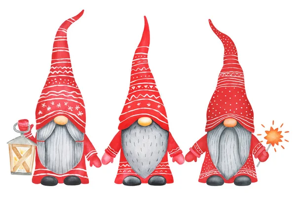 Gnomos Navidad Ilustración Acuarela Aislada Blanco —  Fotos de Stock