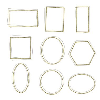 Altın çerçevelerin vektör kümesi. Parlak desenli basit şekil.