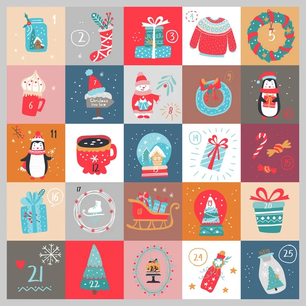 Рождественский Календарь Зимние Праздники Иллюстрация Вектор — стоковый вектор